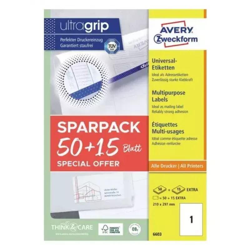 Isekleepuv printerisilt AVERY 6603 Valge A4 21x29,7 cm 65 silti