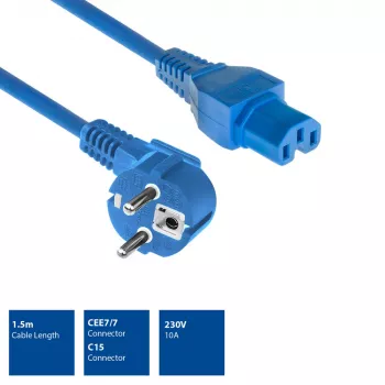 ACT Powercord võrgupistik CEE 7/7 isane nurga all C15 sinine 1,5 m 230 V 10 A