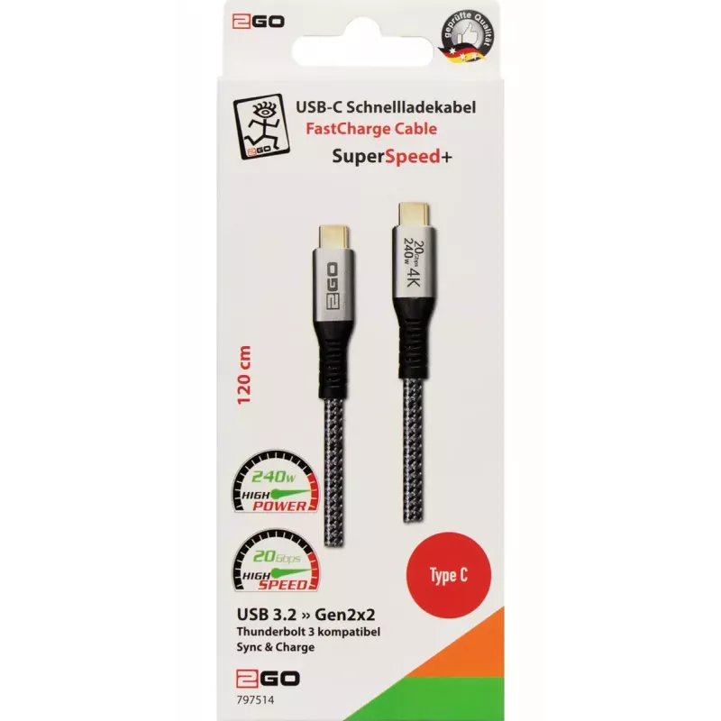 USB-kaabel 2GO 797514 USB 3.2 Gen 2x2 1.2m USB-C must hõbedane