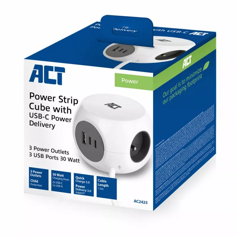 ACT AC2425 pikendusjuhe 1,5 m 3 vahelduvvoolu pistikupesa Siseruumides Valge