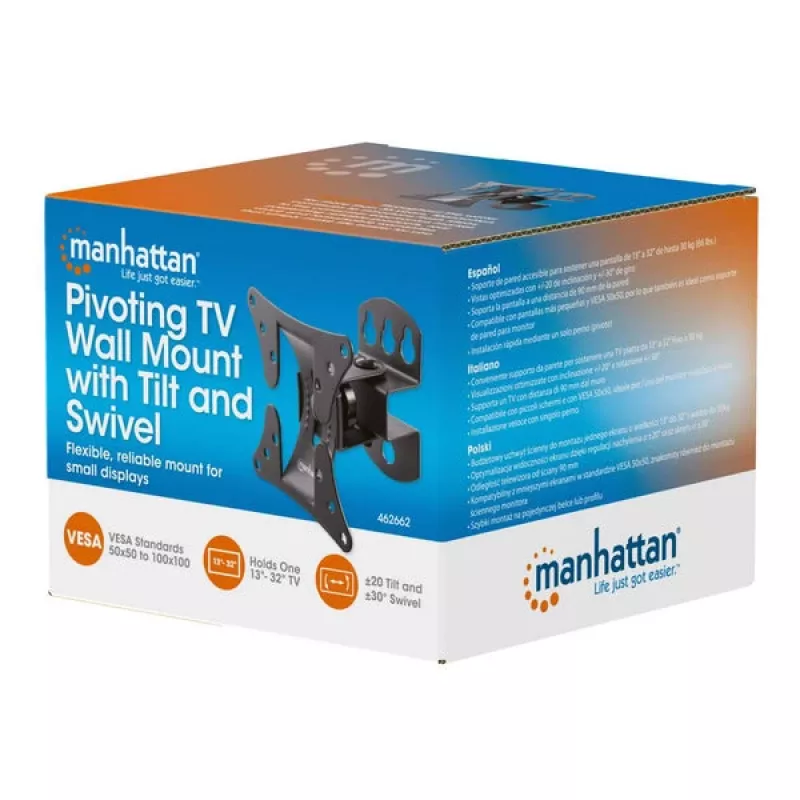 Manhattan Pivoting Wall Mount for TV & Monitorid (Tilt and Swivel), ekraanidele 13 inch kuni 27 inch, VESA ühilduvus: kõik vahemikus 75x75mm kuni 100x100mm - kontrollige ekraani tagaküljel olevate nelja kinnitusava mõõtmeid, et veenduda sobivuses, ühe naastuga kronstein, max 30kg