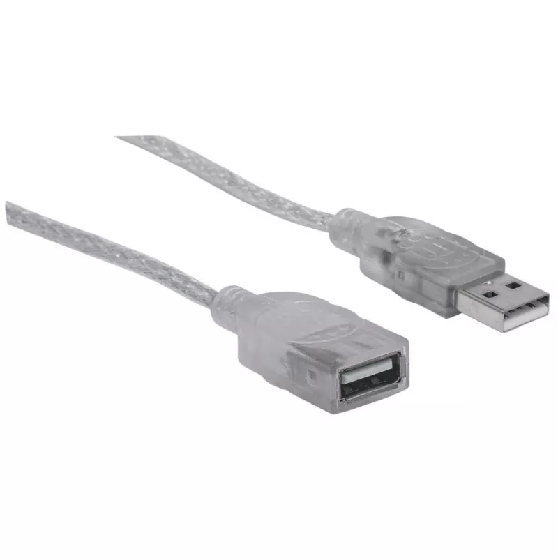 Manhattani USB-A–USB-A pikenduskaabel, 1,8 m, isane-emane, 480 Mbit/s (USB 2.0), Hi-Speed USB, läbipaistev hõbedane, eluaegne garantii
