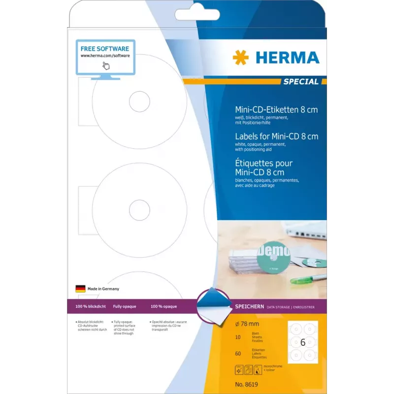 Isekleepuvad sildid HERMA CD Mini A4 Ø 78 mm