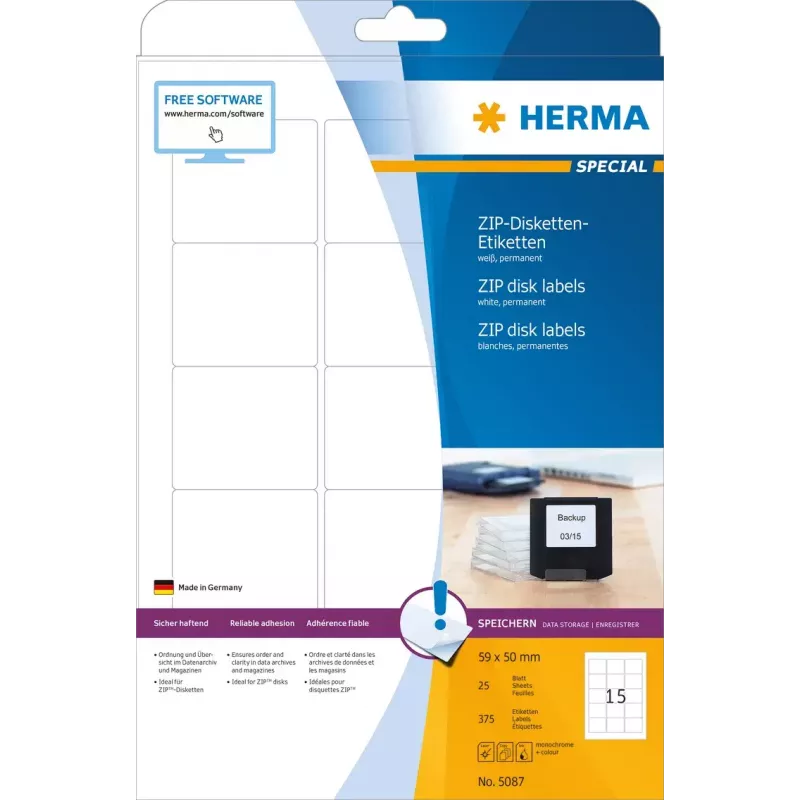 Sildid HERMA ZIP-diskettidele A4 59x50 mm valge paber matt 375 tk