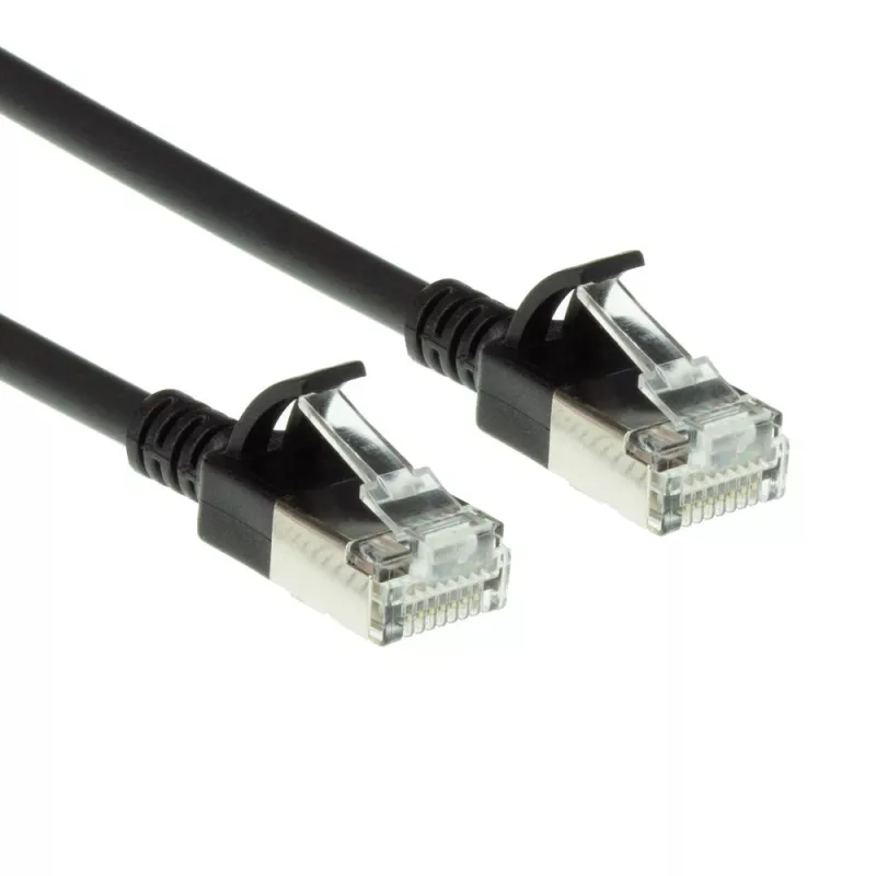 ACT must 0,15-meetrine LSZH U/FTP CAT6A andmekeskuse õhuke ühenduskaabel tõmbetõkestatud RJ45-pistikutega