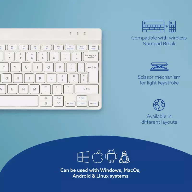 R-Go Tools Ergonoomiline klaviatuur R-Go Compact Break, kompaktne klaviatuur pausitarkvaraga, QWERTY (UK), Bluetooth, valge