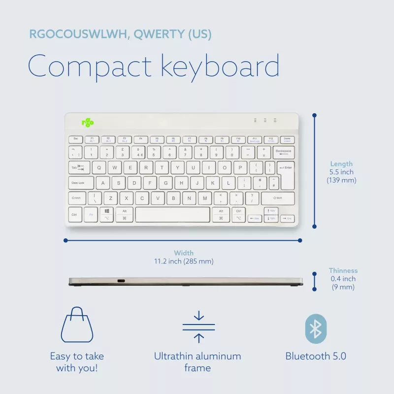 R-Go Tools Ergonoomiline klaviatuur R-Go Compact Break, kompaktne klaviatuur pausitarkvaraga, QWERTY (UK), Bluetooth, valge
