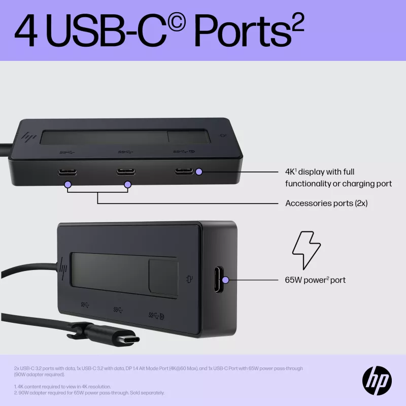 HP 4K USB-C Multiport Hub, USB USB-C, USB USB-C, 10000 Mbit/s, 3840 x 2160, must, 65 W