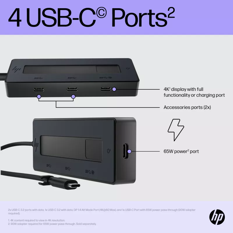 HP 4K USB-C Multiport Hub, USB USB-C, USB USB-C, 10000 Mbit/s, 3840 x 2160, must, 65 W