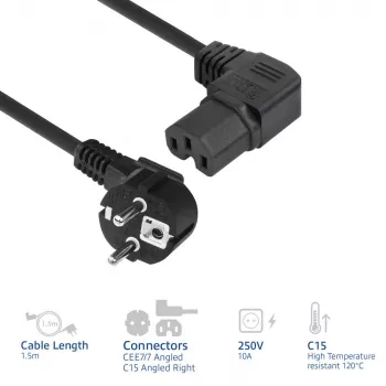 ACT Powercord toitejuhe CEE 7/7 isane (nurk) - C15 (paremale nurk) IEC60320 must 1,5 m