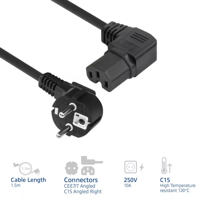 ACT Powercord toitejuhe CEE 7/7 isane (nurk) - C15 (paremale nurk) IEC60320 must 1,5 m