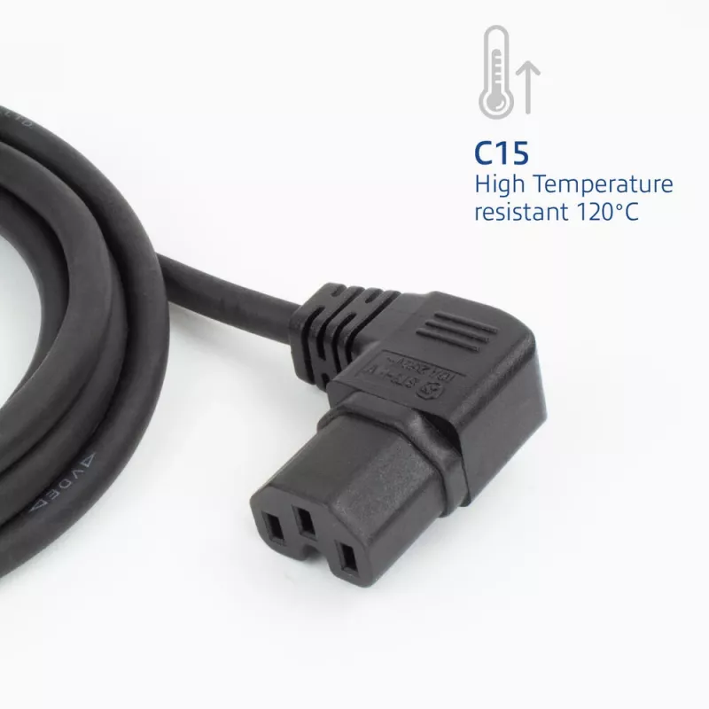ACT Powercord toitejuhe CEE 7/7 isane (nurk) - C15 (paremale nurk) IEC60320 must 1,5 m