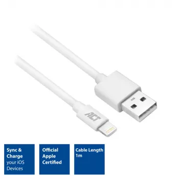 ACT USB 2.0 laadimis-/andmekaabel A-isane - Lightning-isane 1 meeter, MFi sertifitseeritud