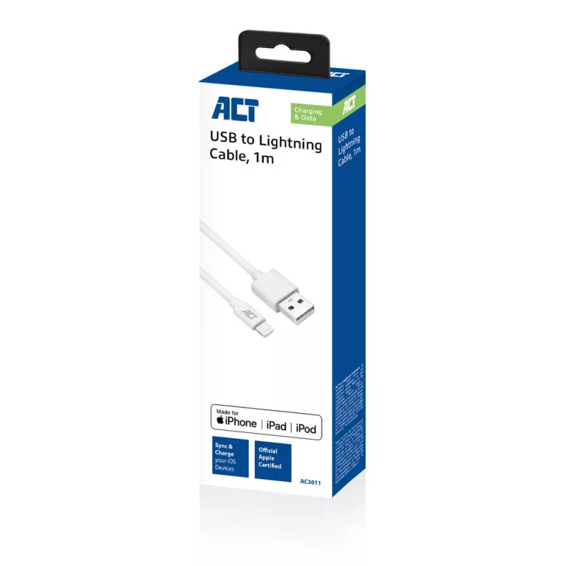 ACT USB 2.0 laadimis-/andmekaabel A-isane - Lightning-isane 1 meeter, MFi sertifitseeritud