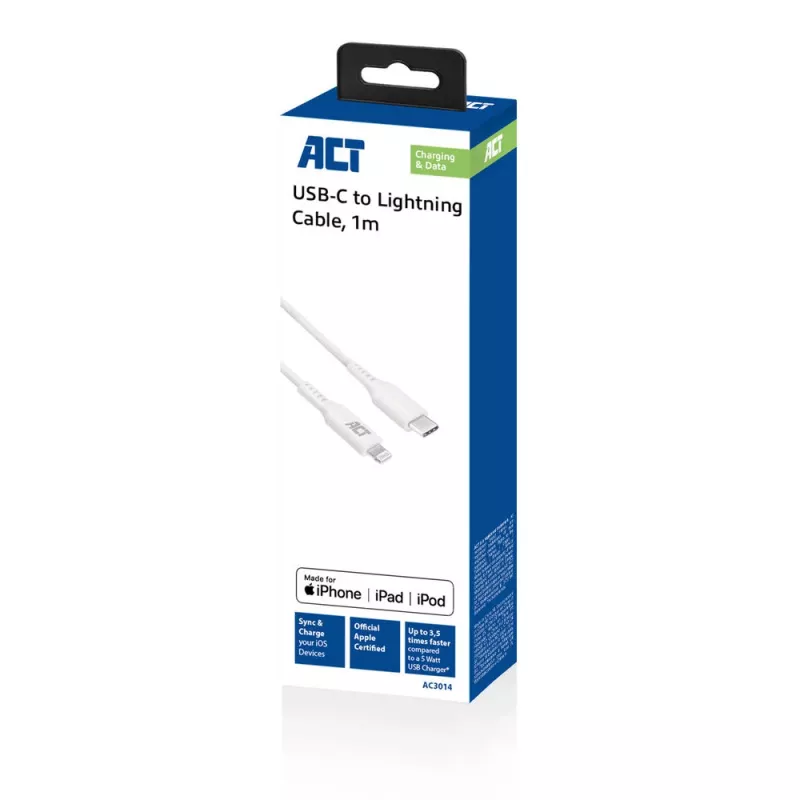 ACT USB 2.0 laadimis-/andmekaabel C isane - Lightning isane 1 meeter, MFi sertifikaadiga