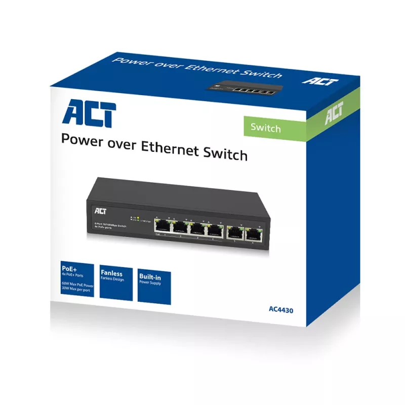 ACT 6 pordiga võrgukommutaator, 10/100Mbps. 4x PoE+ (30W) port