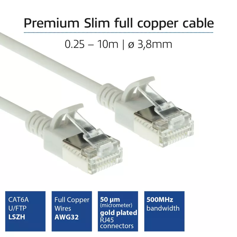 ACT Hall 0,5 m LSZH U/FTP CAT6A andmekeskuse õhuke komistuskaitsega patch-kaabel RJ45-pistikutega