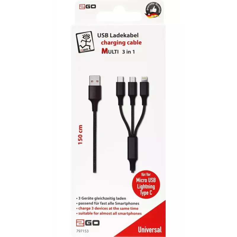 USB-kaabel 2GO 797153 1,5 m USB B USB C/Micro-USB B/Lightning must