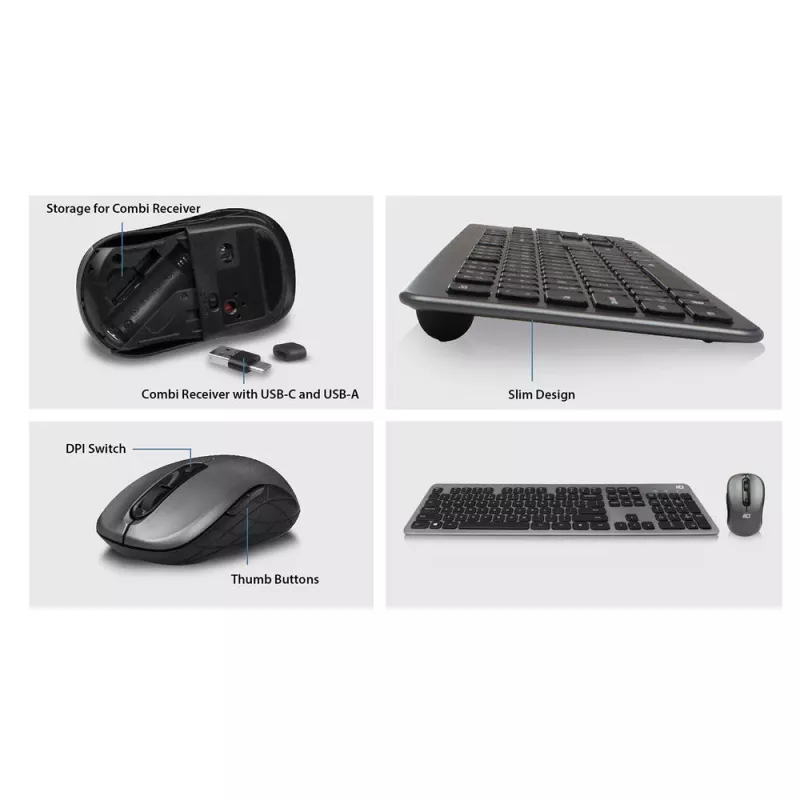 ACT juhtmevaba klaviatuuri ja hiire komplekt, USB-C/USB-A kombivastuvõtja (Qwerty/US paigutus)