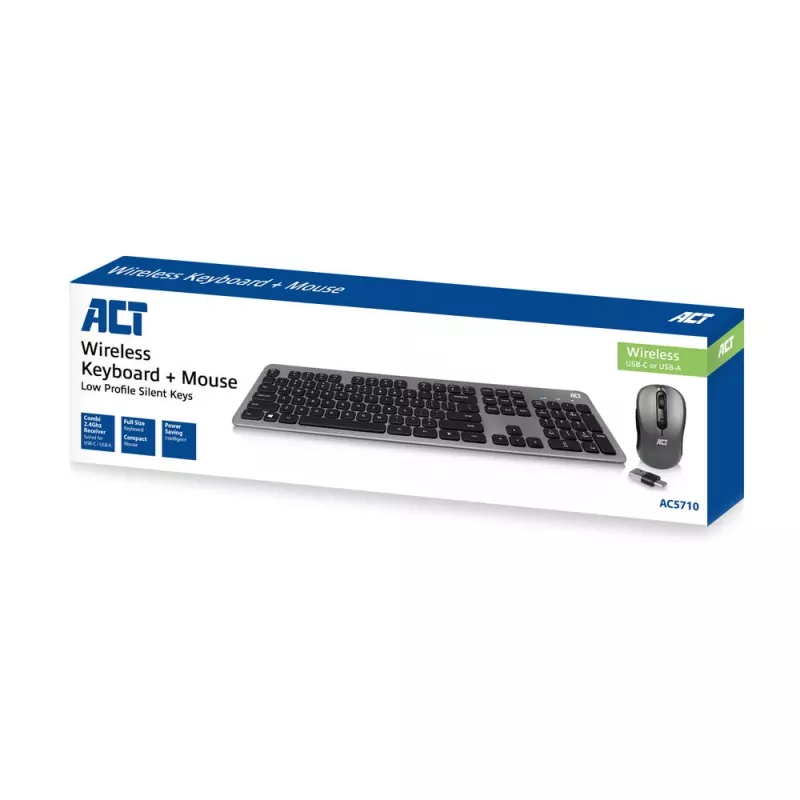 ACT juhtmevaba klaviatuuri ja hiire komplekt, USB-C/USB-A kombivastuvõtja (Qwerty/US paigutus)