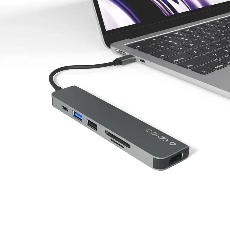 Liidesejaotur Epico 9915112100080 — USB USB-C host, HDMI, USB 2.0, USB USB-C, MicroSD/SD kaardilugeja, alumiinium/TPU, hall