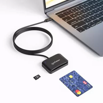 Manhattan USB-C kontaktkiipkaardilugeja microSD-pesaga, USB USB-C isane kontaktlugejaliidese ja microSDXC jaoks, toetab Windows, macOS ja Linux, loeb SIM-kaarte adapteriga, kaabel 1 m, must, kolmeaastane garantii