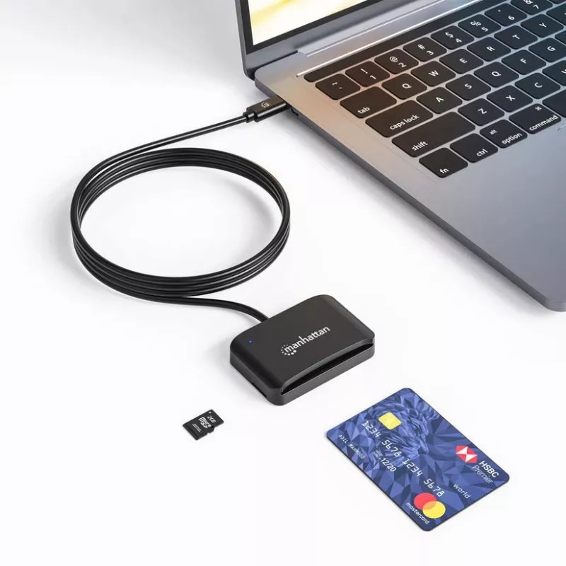 Manhattan USB-C kontaktkiipkaardilugeja microSD-pesaga, USB USB-C isane kontaktlugejaliidese ja microSDXC jaoks, toetab Windows, macOS ja Linux, loeb SIM-kaarte adapteriga, kaabel 1 m, must, kolmeaastane garantii