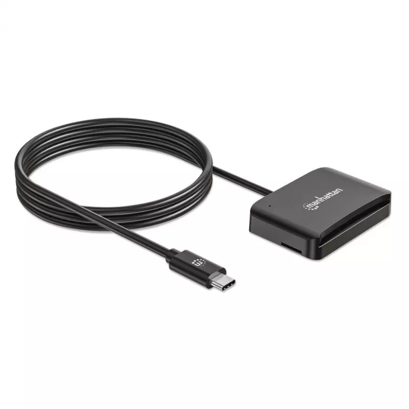 Manhattan USB-C kontaktkiipkaardilugeja microSD-pesaga, USB USB-C isane kontaktlugejaliidese ja microSDXC jaoks, toetab Windows, macOS ja Linux, loeb SIM-kaarte adapteriga, kaabel 1 m, must, kolmeaastane garantii