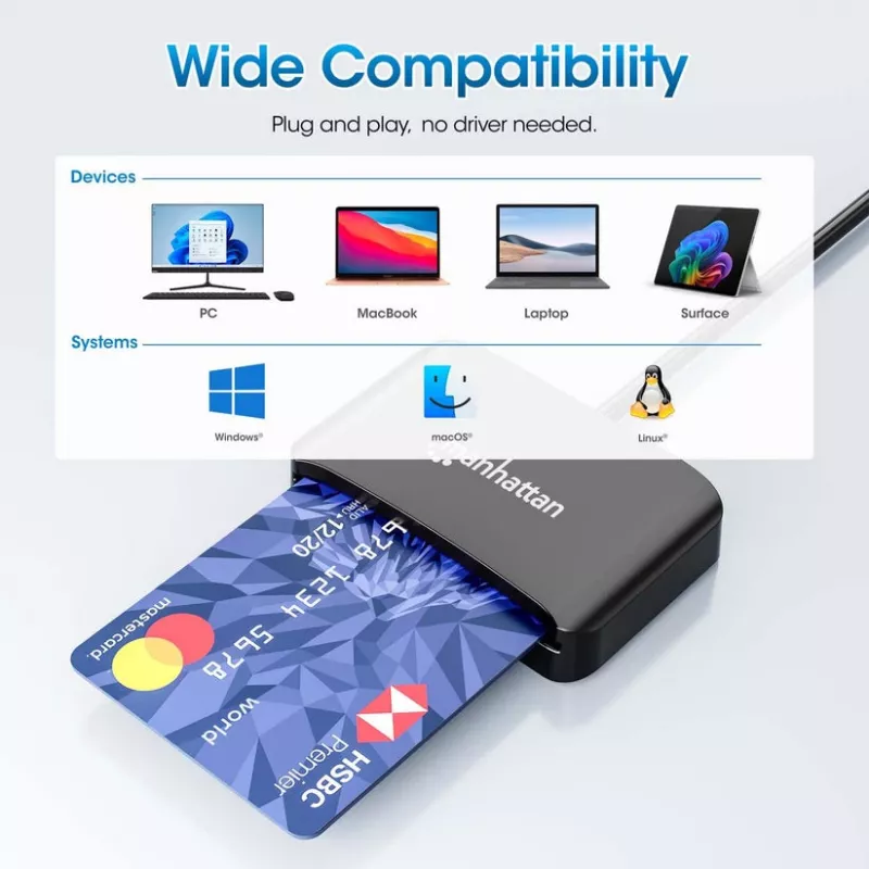 Manhattan USB-C kontaktkiipkaardilugeja microSD-pesaga, USB USB-C isane kontaktlugejaliidese ja microSDXC jaoks, toetab Windows, macOS ja Linux, loeb SIM-kaarte adapteriga, kaabel 1 m, must, kolmeaastane garantii