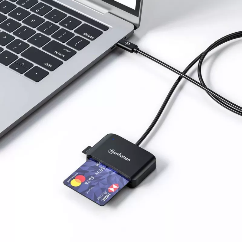Manhattan USB-C kontaktkiipkaardilugeja microSD-pesaga, USB USB-C isane kontaktlugejaliidese ja microSDXC jaoks, toetab Windows, macOS ja Linux, loeb SIM-kaarte adapteriga, kaabel 1 m, must, kolmeaastane garantii
