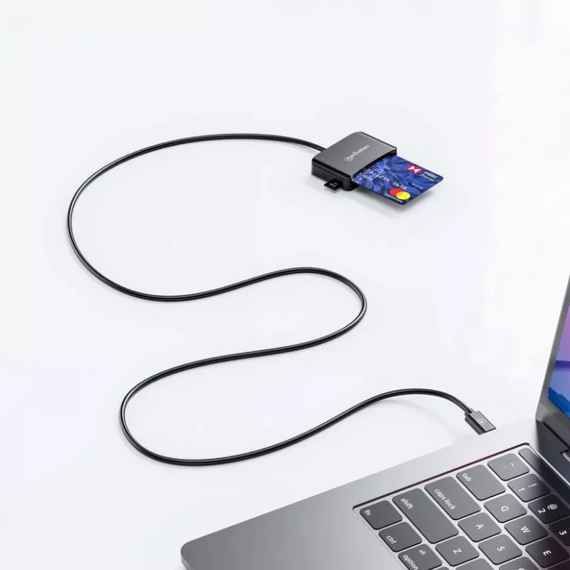 Manhattan USB-C kontaktkiipkaardilugeja microSD-pesaga, USB USB-C isane kontaktlugejaliidese ja microSDXC jaoks, toetab Windows, macOS ja Linux, loeb SIM-kaarte adapteriga, kaabel 1 m, must, kolmeaastane garantii