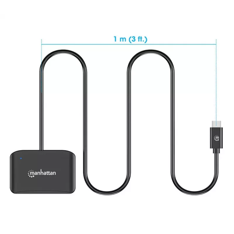 Manhattan USB-C kontaktkiipkaardilugeja microSD-pesaga, USB USB-C isane kontaktlugejaliidese ja microSDXC jaoks, toetab Windows, macOS ja Linux, loeb SIM-kaarte adapteriga, kaabel 1 m, must, kolmeaastane garantii