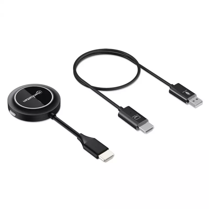 Manhattan 1080p Wireless HDMI Display Presentation Kit, 2-osaline komplekt koos HDMI-vastuvõtja ja HDMI-saatja dongle'iga, et kuvada traadita videosignaali sülearvutist/tahvelarvutist/nutitelefonist HDMI-teleris või projektoris, must