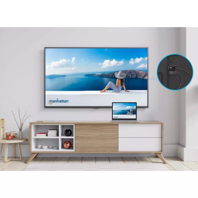 Manhattan 1080p Wireless HDMI Display Presentation Kit, 2-osaline komplekt koos HDMI-vastuvõtja ja HDMI-saatja dongle'iga, et kuvada traadita videosignaali sülearvutist/tahvelarvutist/nutitelefonist HDMI-teleris või projektoris, must