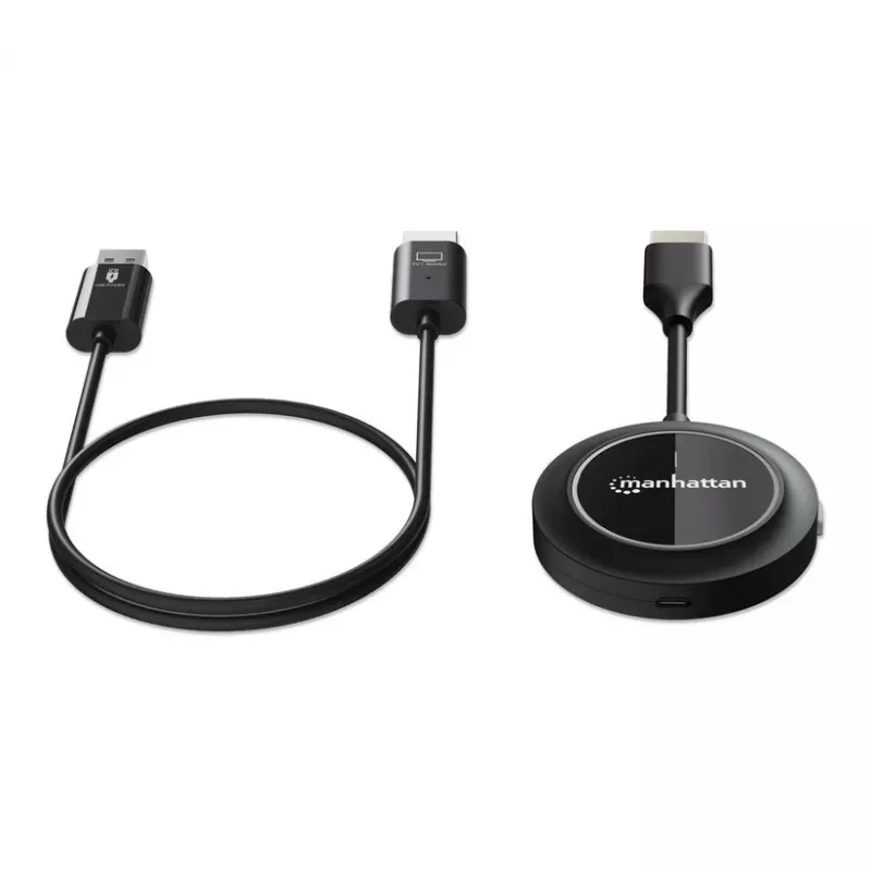Manhattan 1080p Wireless HDMI Display Presentation Kit, 2-osaline komplekt koos HDMI-vastuvõtja ja HDMI-saatja dongle'iga, et kuvada traadita videosignaali sülearvutist/tahvelarvutist/nutitelefonist HDMI-teleris või projektoris, must