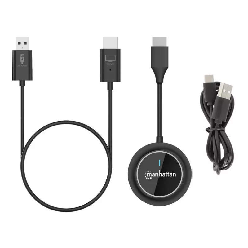 Manhattan 1080p Wireless HDMI Display Presentation Kit, 2-osaline komplekt koos HDMI-vastuvõtja ja HDMI-saatja dongle'iga, et kuvada traadita videosignaali sülearvutist/tahvelarvutist/nutitelefonist HDMI-teleris või projektoris, must