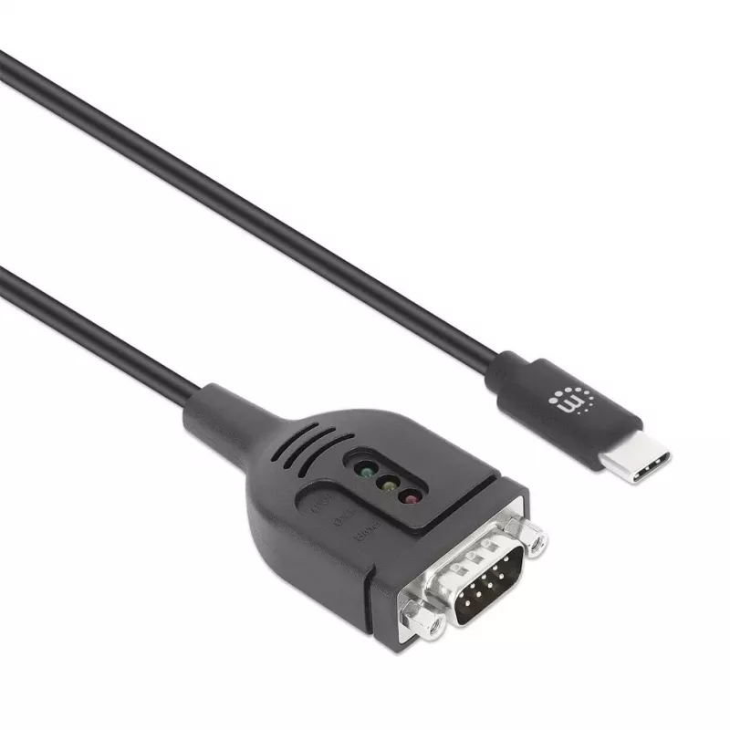 Manhattan USB-C - jadavärava muundurkaabel, 1 m, isane isasele, jada/RS232/COM/DB9, Prolific PL2303GT kiip, must kaabel, kolmeaastane garantii
