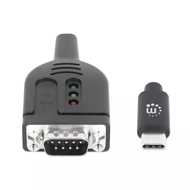Manhattan USB-C - jadavärava muundurkaabel, 1 m, isane isasele, jada/RS232/COM/DB9, Prolific PL2303GT kiip, must kaabel, kolmeaastane garantii