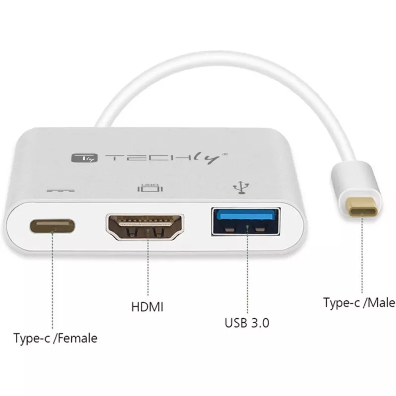 Techly IADAP USB31-HDMIPTY sülearvuti dokk/pordireplikaator Juhtmega USB 3.2 Gen 1 (3.1 Gen 1) USB-C Hõbedane