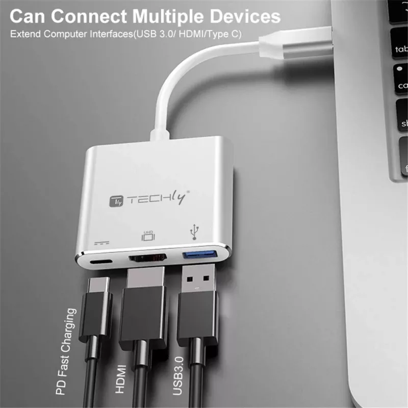 Techly IADAP USB31-HDMIPTY sülearvuti dokk/pordireplikaator Juhtmega USB 3.2 Gen 1 (3.1 Gen 1) USB-C Hõbedane