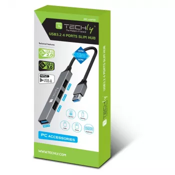Techly IUSB32-HUB4A-3U2SLS sülearvuti dokk/pordireplikaator Juhtmega ühendatud USB 3.2 Gen 1 (3.1 Gen 1) Type-A Hall