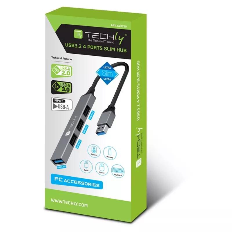 Techly IUSB32-HUB4A-3U2SLS sülearvuti dokk/pordireplikaator Juhtmega ühendatud USB 3.2 Gen 1 (3.1 Gen 1) Type-A Hall
