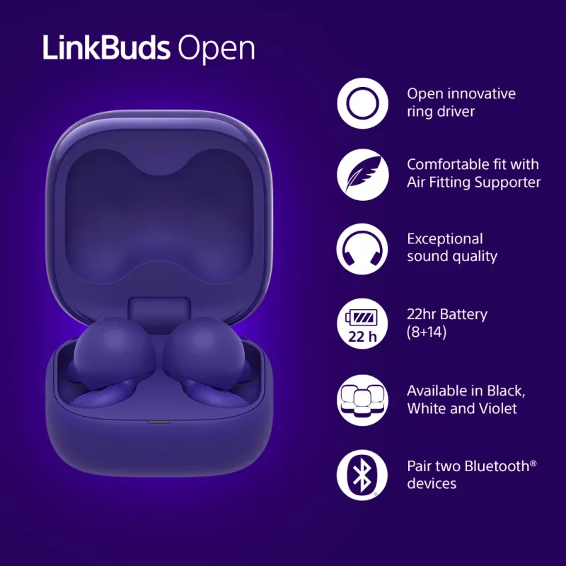 Sony LinkBuds Open WFL910V kõrvaklapid/peakomplekt Juhtmevaba Kõrvasisene Kõned/muusika Bluetooth Violetne
