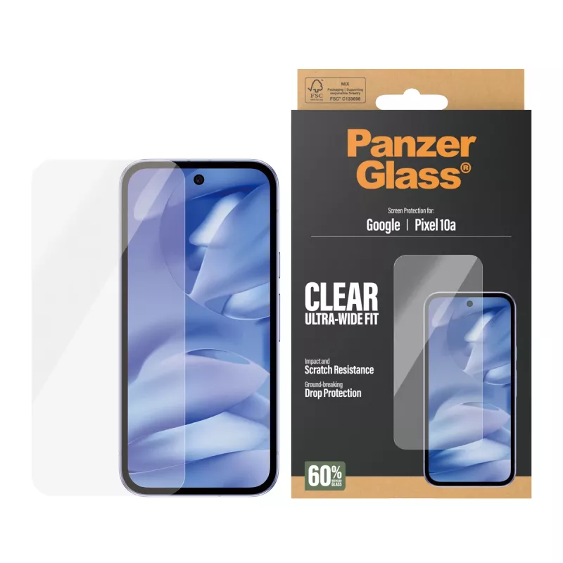 Ekraanikaitse PanzerGlass Google Pixel 10a 5G-le — Ultra-Wide Fit, PET, kriimustus- ja löögikindel, läbipaistev