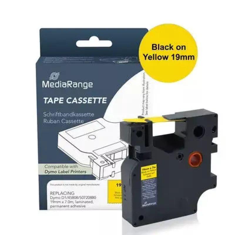 Sildilint MediaRange MRDY45808 Must kollasel D1 — 19 mm x 7 m, püsiv akrüülliim