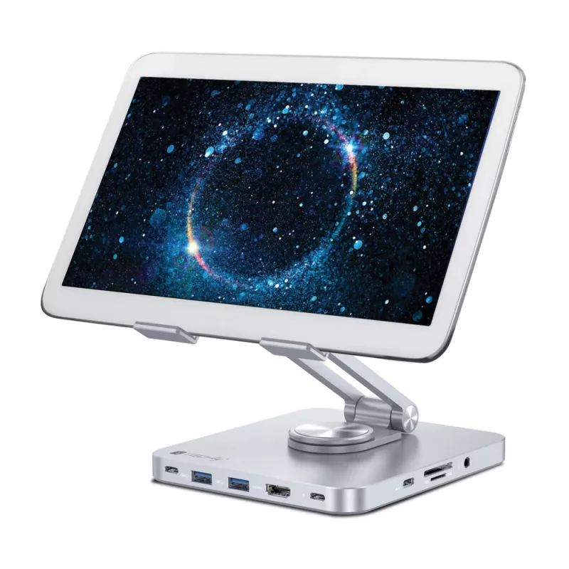 Techly 8-in-1 USB-C Hub Docking Station Tablet Stand, tahvelarvuti alus, hõbedane, alumiinium, 360°, USB 3.2 Gen 1 (3.1 Gen 1) USB-C, 5000 Mbit/s