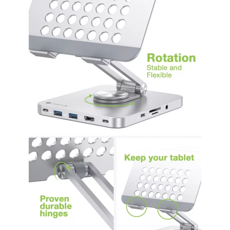 Techly 8-in-1 USB-C Hub Docking Station Tablet Stand, tahvelarvuti alus, hõbedane, alumiinium, 360°, USB 3.2 Gen 1 (3.1 Gen 1) USB-C, 5000 Mbit/s