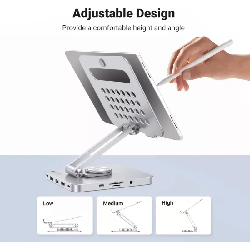 Techly 8-in-1 USB-C Hub Docking Station Tablet Stand, tahvelarvuti alus, hõbedane, alumiinium, 360°, USB 3.2 Gen 1 (3.1 Gen 1) USB-C, 5000 Mbit/s