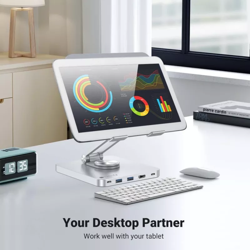 Techly 8-in-1 USB-C Hub Docking Station Tablet Stand, tahvelarvuti alus, hõbedane, alumiinium, 360°, USB 3.2 Gen 1 (3.1 Gen 1) USB-C, 5000 Mbit/s