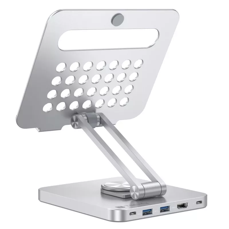 Techly 8-in-1 USB-C Hub Docking Station Tablet Stand, tahvelarvuti alus, hõbedane, alumiinium, 360°, USB 3.2 Gen 1 (3.1 Gen 1) USB-C, 5000 Mbit/s